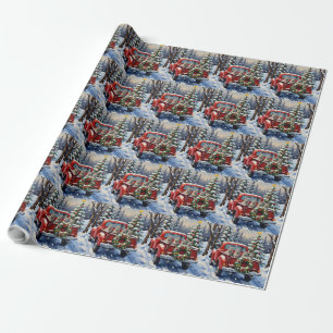 Oriental Blue Cat Christmas Red Truck Holiday Wrapping Paper