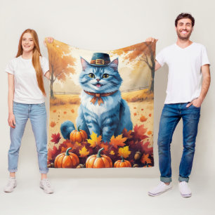 Oriental Blue Cat In Autumn Leaves Thanksgiving Fleece Blanket