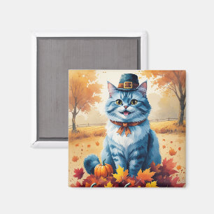 Oriental Blue Cat In Autumn Leaves Thanksgiving Magnet