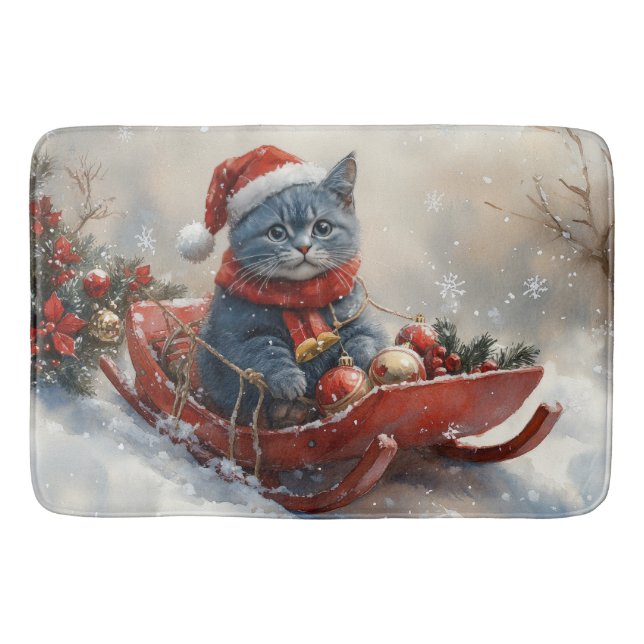 Oriental Blue Cat in Sledge Let it Snow Christmas  Bath Mat (Front)