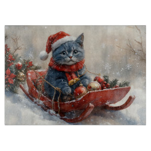 Oriental Blue Cat in Sledge Let it Snow Christmas  Cutting Board