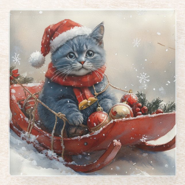Oriental Blue Cat in Sledge Let it Snow Christmas  Glass Coaster (Front)