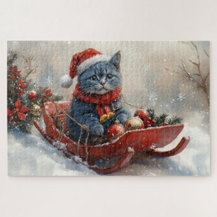Oriental Blue Cat in Sledge Let it Snow Christmas  Jigsaw Puzzle