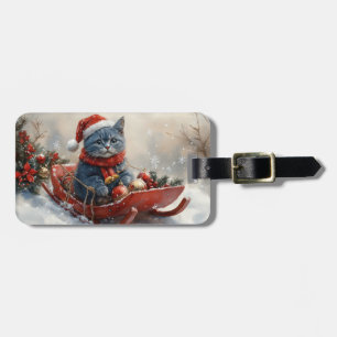Oriental Blue Cat in Sledge Let it Snow Christmas Luggage Tag