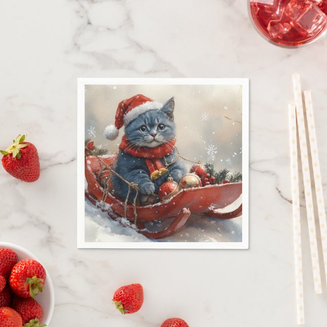 Oriental Blue Cat in Sledge Let it Snow Christmas  Napkin (Insitu)
