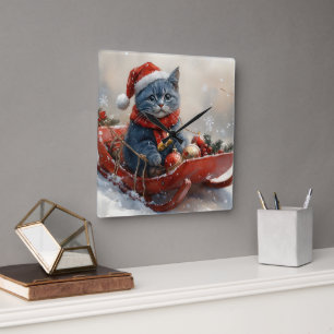 Oriental Blue Cat in Sledge Let it Snow Christmas Square Wall Clock