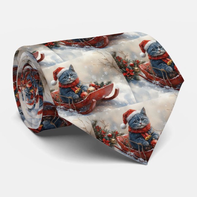 Oriental Blue Cat in Sledge Let it Snow Christmas  Tie (Rolled)