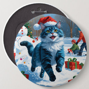 Oriental Blue Cat Sitting in Snow Christmas Hat 6 Cm Round Badge