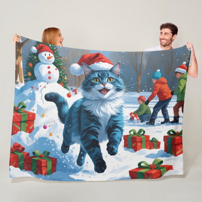 Oriental Blue Cat Sitting in Snow Christmas Hat Fleece Blanket (In Situ)