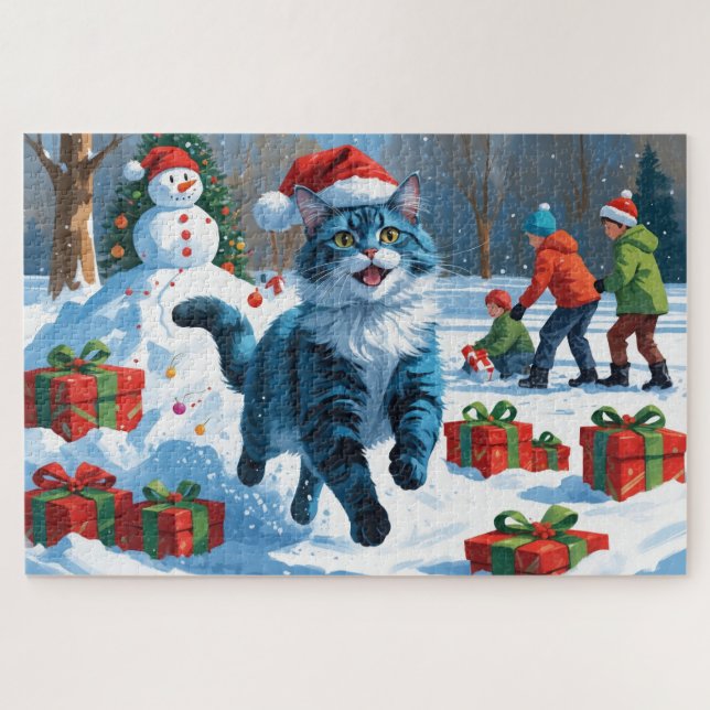 Oriental Blue Cat Sitting in Snow Christmas Hat Jigsaw Puzzle (Horizontal)