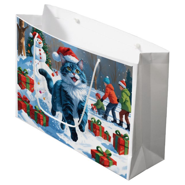 Oriental Blue Cat Sitting in Snow Christmas Hat Large Gift Bag (Front Angled)