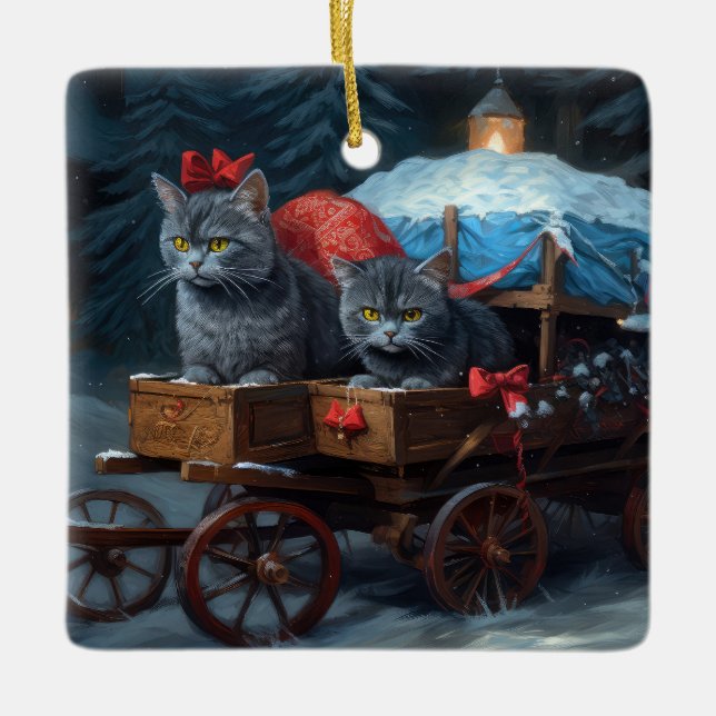 Oriental Blue Cat Snowy Sleigh Christmas Decor Ceramic Ornament (Front)