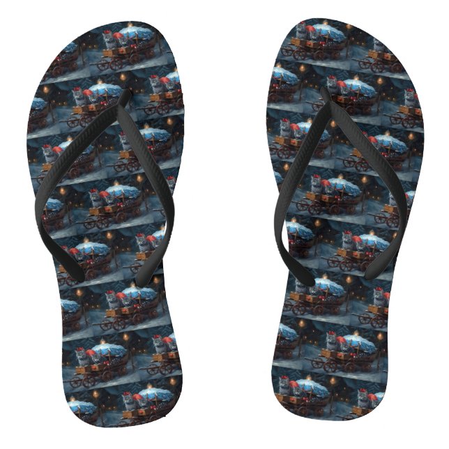 Oriental Blue Cat Snowy Sleigh Christmas Decor Jandals (Footbed)