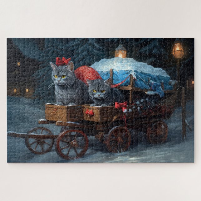Oriental Blue Cat Snowy Sleigh Christmas Decor Jigsaw Puzzle (Horizontal)
