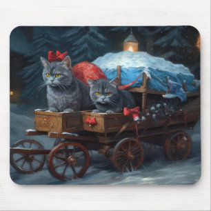Oriental Blue Cat Snowy Sleigh Christmas Decor Mouse Pad