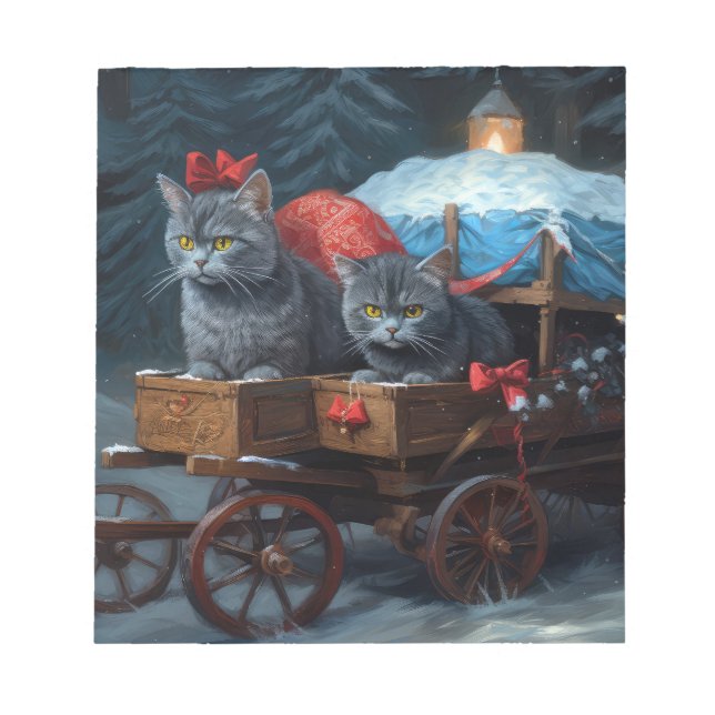 Oriental Blue Cat Snowy Sleigh Christmas Decor Notepad (Front)