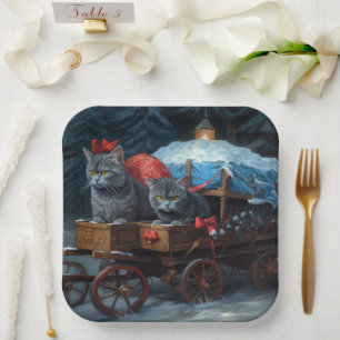 Oriental Blue Cat Snowy Sleigh Christmas Decor Paper Plate