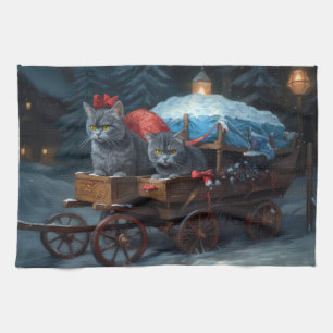 Oriental Blue Cat Snowy Sleigh Christmas Decor Tea Towel