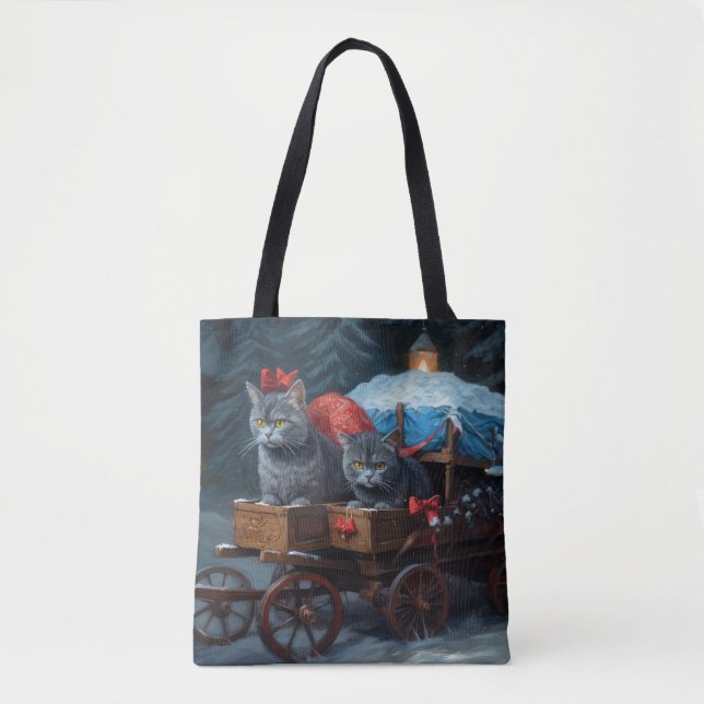 Oriental Blue Cat Snowy Sleigh Christmas Decor Tote Bag (Front)