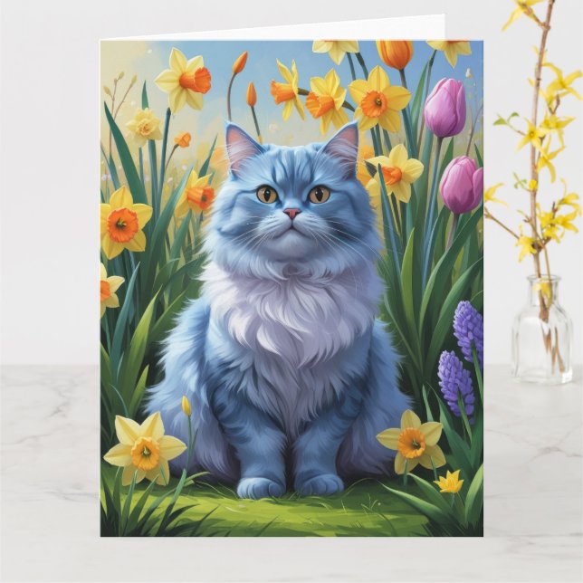 Oriental Blue Cat Spring Flowers Painting  Card (Yellow Flower)