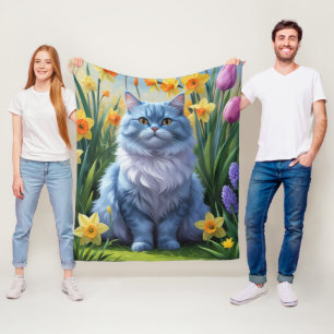 Oriental Blue Cat Spring Flowers Painting  Fleece Blanket