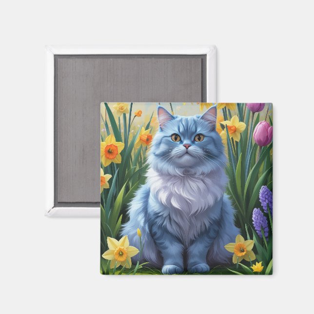 Oriental Blue Cat Spring Flowers Painting  Magnet (Front/Back)