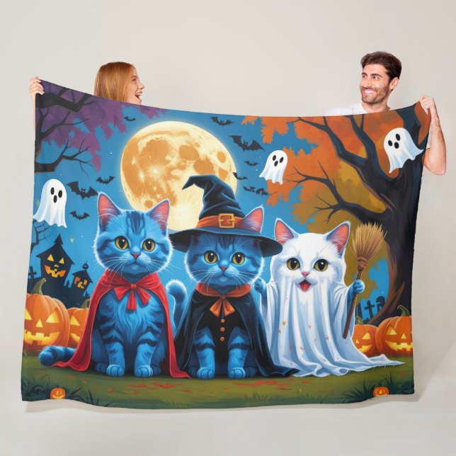 Oriental Blue Cats Pumpkin Halloween Funny Fleece Blanket (In Situ)