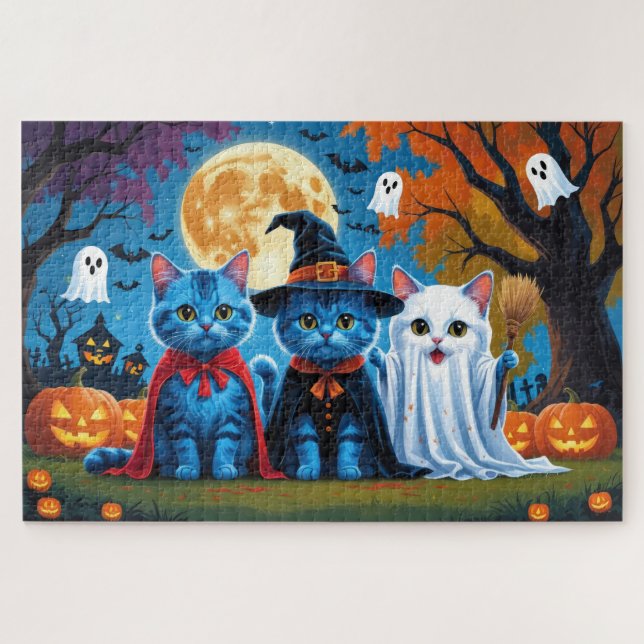 Oriental Blue Cats Pumpkin Halloween Funny Jigsaw Puzzle (Horizontal)