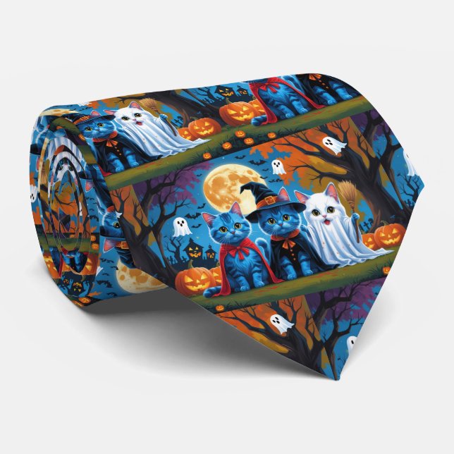Oriental Blue Cats Pumpkin Halloween Funny Tie (Rolled)