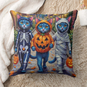 Oriental Blue Cats Trick-or-Treating Halloween Cushion