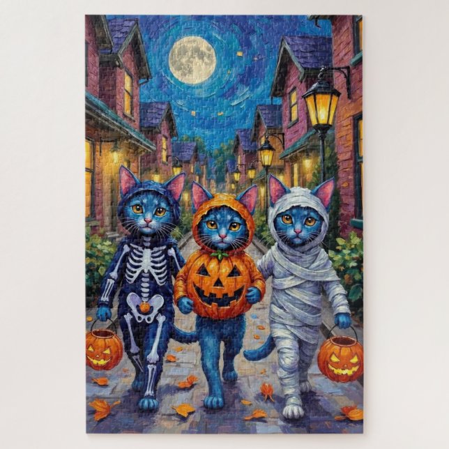 Oriental Blue Cats Trick-or-Treating Halloween  Jigsaw Puzzle (Vertical)