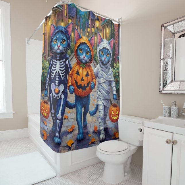 Oriental Blue Cats Trick-or-Treating Halloween  Shower Curtain (In Situ)