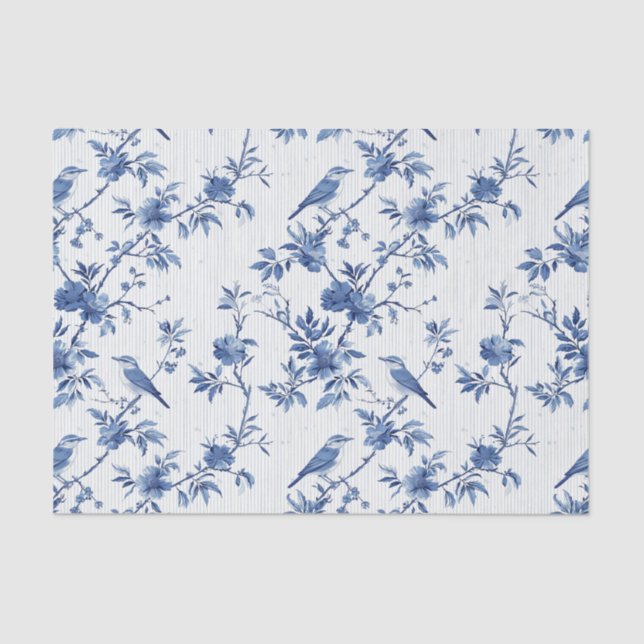 Oriental Blue Floral with Birds and Pinstripes Tissue Paper (Front)