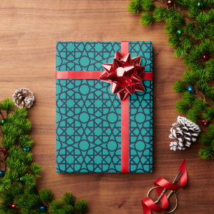 Oriental Blue Green Moroccan Geometric Arabesque Wrapping Paper