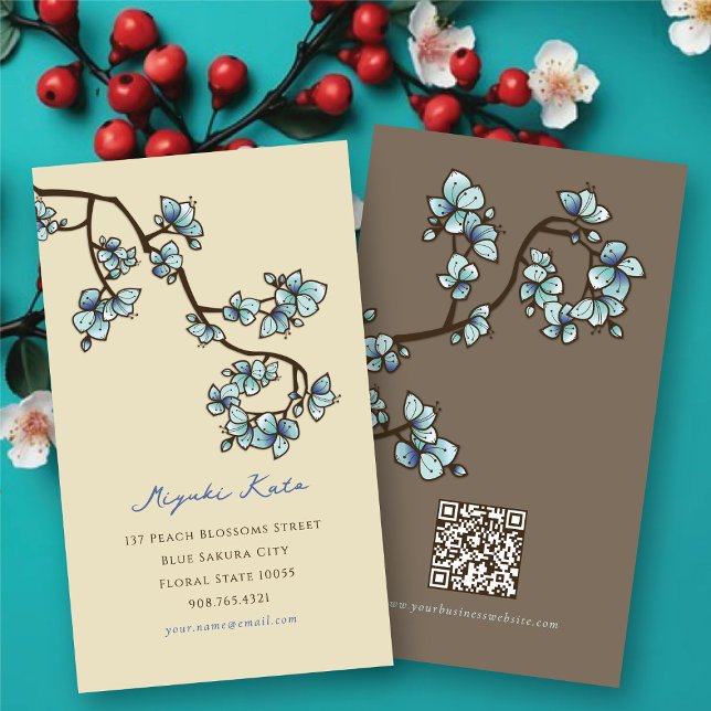 Oriental Blue Peach Blossoms Elegant Chic Sakura Business Card (Oriental Blue Peach Blossoms Elegant Chic Sakura Spring Flowers Business/Profile Card @ fat_fa_tin)