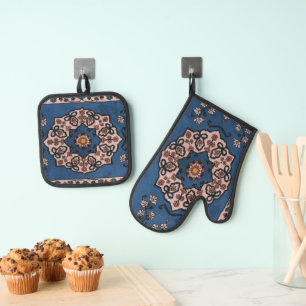 Oriental Blue Persian Turkish Carpet Pattern Oven Mitt & Pot Holder Set