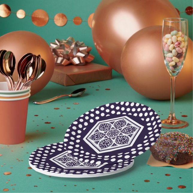 Oriental Blue Turkish Rosette Geometric Art Paper Plate (Multi)