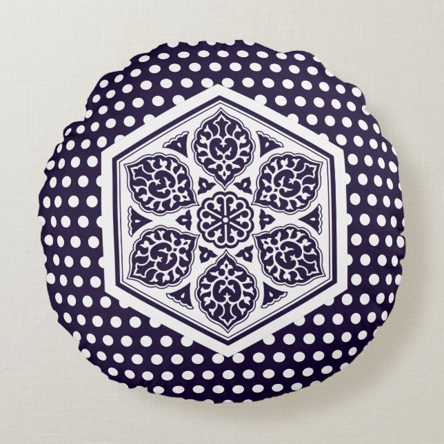 Oriental Blue Turkish Rosette Geometric Oriental Round Cushion (Front)