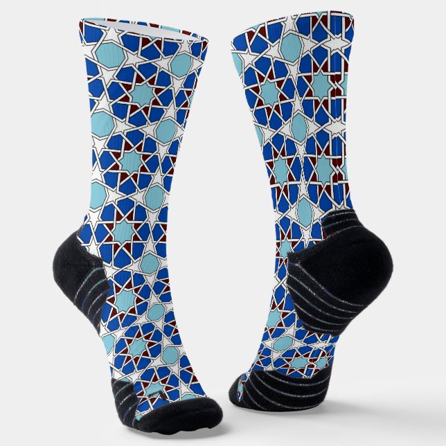 Oriental Blue White Moroccan Geometric Arabesque Socks (Angled)