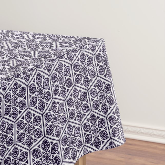 Oriental Blue White Turkish Rosette Geometric Art Tablecloth (In Situ)