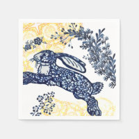 Oriental Blue White Yellow Rabbit Chinoiserie