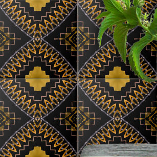 Oriental Bohemian Moroccan Black and Gold Pattern Tile