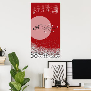 Oriental Bright Moon Swallows Birds Zen Modern Art Poster