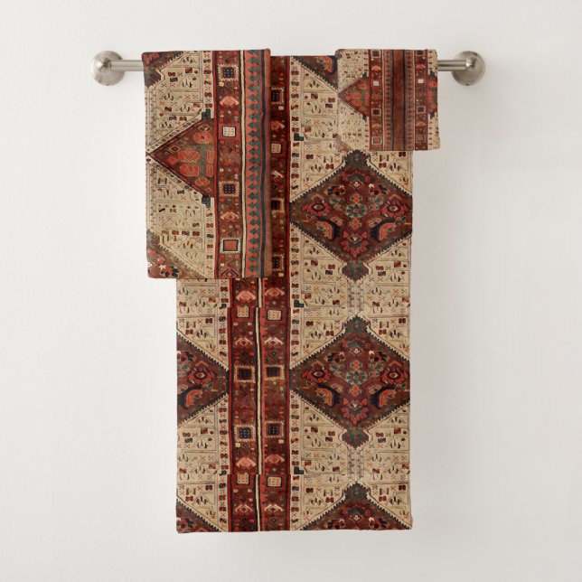 Oriental carpet design in orange and cream bath towel set (Insitu)