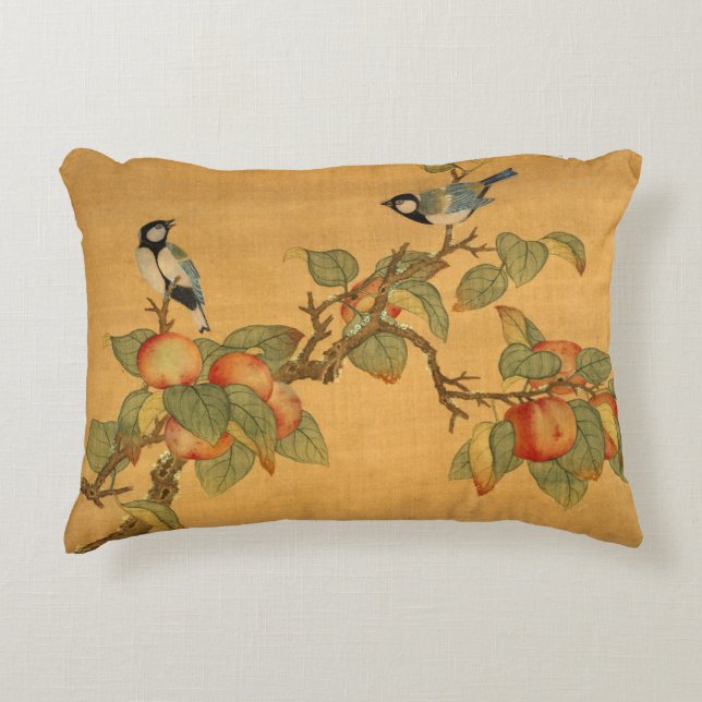 Oriental Chinese Birds And Fruit Decorative Cushion (Front)