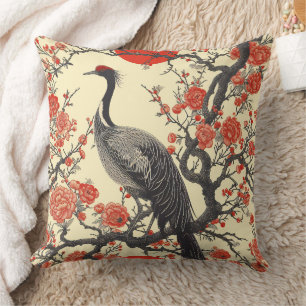 Oriental Crane and Peony - Traditional Asian Art Cushion