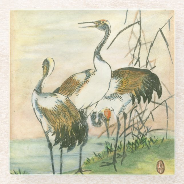 Oriental Cranes by the Water Glass Coaster (Front)