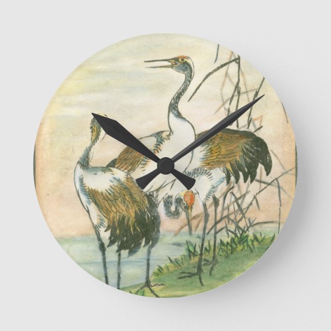 Oriental Cranes by the Water Round Clock (Front)