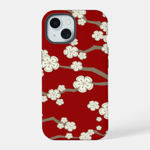 Oriental Cream Sakura Zen Cherry Blossoms On Red iPhone 15 Case