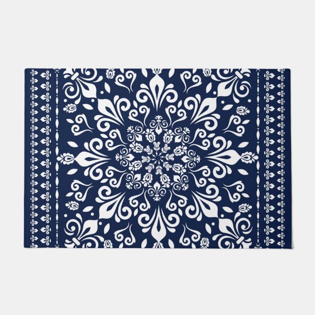 Oriental Damask Blue and White Doormat (Front)